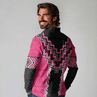 Pink Niho Taniwha Mix Poutama Long Sleeve Polo Shirt Unique Taniko Aotearoa LT01 - Polynesian Pride