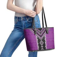 Purple Niho Taniwha Mix Poutama Leather Tote Bag Unique Taniko Aotearoa