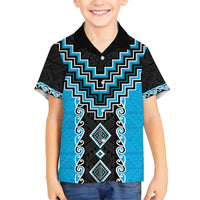 Sky Blue Niho Taniwha Mix Poutama Family Matching Off Shoulder Maxi Dress and Hawaiian Shirt Unique Taniko Aotearoa