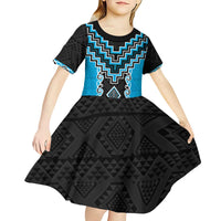 Sky Blue Niho Taniwha Mix Poutama Kid Short Sleeve Dress Unique Taniko Aotearoa
