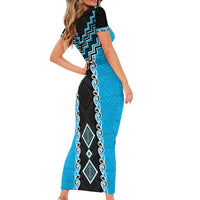 Sky Blue Niho Taniwha Mix Poutama Short Sleeve Bodycon Dress Unique Taniko Aotearoa LT01 - Polynesian Pride