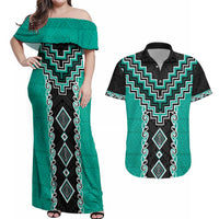Teal Niho Taniwha Mix Poutama Couples Matching Off Shoulder Maxi Dress and Hawaiian Shirt Unique Taniko Aotearoa