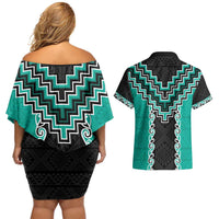 Teal Niho Taniwha Mix Poutama Couples Matching Off Shoulder Short Dress and Hawaiian Shirt Unique Taniko Aotearoa