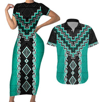 Teal Niho Taniwha Mix Poutama Couples Matching Short Sleeve Bodycon Dress and Hawaiian Shirt Unique Taniko Aotearoa