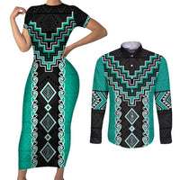 Teal Niho Taniwha Mix Poutama Couples Matching Short Sleeve Bodycon Dress and Long Sleeve Button Shirt Unique Taniko Aotearoa