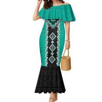 Teal Niho Taniwha Mix Poutama Family Matching Mermaid Dress and Hawaiian Shirt Unique Taniko Aotearoa