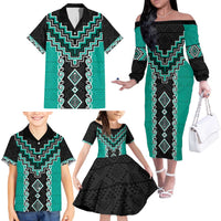 Teal Niho Taniwha Mix Poutama Family Matching Off The Shoulder Long Sleeve Dress and Hawaiian Shirt Unique Taniko Aotearoa