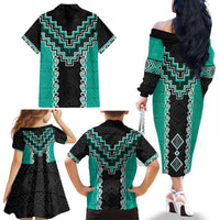 Teal Niho Taniwha Mix Poutama Family Matching Off The Shoulder Long Sleeve Dress and Hawaiian Shirt Unique Taniko Aotearoa