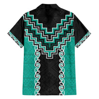 Teal Niho Taniwha Mix Poutama Family Matching Off The Shoulder Long Sleeve Dress and Hawaiian Shirt Unique Taniko Aotearoa