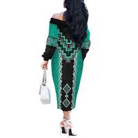 Teal Niho Taniwha Mix Poutama Off The Shoulder Long Sleeve Dress Unique Taniko Aotearoa