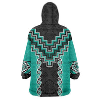 Teal Niho Taniwha Mix Poutama Wearable Blanket Hoodie Unique Taniko Aotearoa