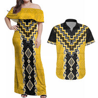 Yellow Niho Taniwha Mix Poutama Couples Matching Off Shoulder Maxi Dress and Hawaiian Shirt Unique Taniko Aotearoa