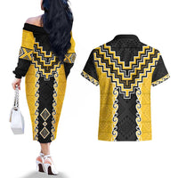 Yellow Niho Taniwha Mix Poutama Couples Matching Off The Shoulder Long Sleeve Dress and Hawaiian Shirt Unique Taniko Aotearoa