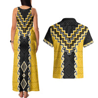 Yellow Niho Taniwha Mix Poutama Couples Matching Tank Maxi Dress and Hawaiian Shirt Unique Taniko Aotearoa