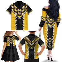 Yellow Niho Taniwha Mix Poutama Family Matching Off The Shoulder Long Sleeve Dress and Hawaiian Shirt Unique Taniko Aotearoa