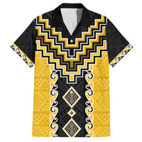 Yellow Niho Taniwha Mix Poutama Family Matching Short Sleeve Bodycon Dress and Hawaiian Shirt Unique Taniko Aotearoa