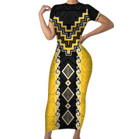 Yellow Niho Taniwha Mix Poutama Family Matching Short Sleeve Bodycon Dress and Hawaiian Shirt Unique Taniko Aotearoa