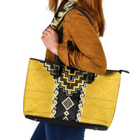 Yellow Niho Taniwha Mix Poutama Leather Tote Bag Unique Taniko Aotearoa