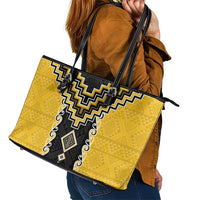 Yellow Niho Taniwha Mix Poutama Leather Tote Bag Unique Taniko Aotearoa