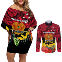 Papua New Guinea Couples Matching Off Shoulder Short Dress and Long Sleeve Button Shirts Bird Of Paradise Mix Polynesian Pattern LT01 Red - Polynesian Pride