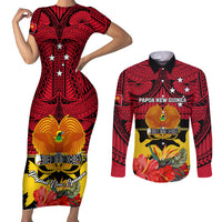 Papua New Guinea Couples Matching Short Sleeve Bodycon Dress and Long Sleeve Button Shirts Bird Of Paradise Mix Polynesian Pattern LT01 Red - Polynesian Pride