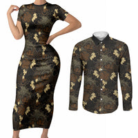 Javanese Batik Semen Couples Matching Short Sleeve Bodycon Dress and Long Sleeve Button Shirt Indonesian Traditional Pattern LT01 Black - Polynesian Pride