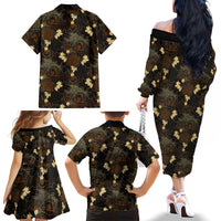 Javanese Batik Semen Family Matching Off The Shoulder Long Sleeve Dress and Hawaiian Shirt Indonesian Traditional Pattern LT01 Mom's Dress Black - Polynesian Pride