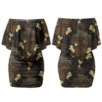 Javanese Batik Semen Family Matching Off Shoulder Short Dress and Hawaiian Shirt Indonesian Traditional Pattern LT01 Mom's Dress Black - Polynesian Pride