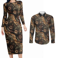 Batik Pedalaman Semen Lereng Style Couples Matching Long Sleeve Bodycon Dress and Long Sleeve Button Shirt Indonesian Traditional Pattern LT01 Black - Polynesian Pride