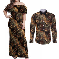 Batik Pedalaman Semen Lereng Style Couples Matching Off Shoulder Maxi Dress and Long Sleeve Button Shirt Indonesian Traditional Pattern LT01 Black - Polynesian Pride