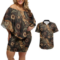 Batik Pedalaman Semen Lereng Style Couples Matching Off Shoulder Short Dress and Hawaiian Shirt Indonesian Traditional Pattern LT01 Black - Polynesian Pride