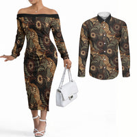 Batik Pedalaman Semen Lereng Style Couples Matching Off The Shoulder Long Sleeve Dress and Long Sleeve Button Shirt Indonesian Traditional Pattern LT01 Black - Polynesian Pride