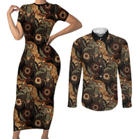 Batik Pedalaman Semen Lereng Style Couples Matching Short Sleeve Bodycon Dress and Long Sleeve Button Shirt Indonesian Traditional Pattern LT01 Black - Polynesian Pride