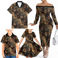 Batik Pedalaman Semen Lereng Style Family Matching Off The Shoulder Long Sleeve Dress and Hawaiian Shirt Indonesian Traditional Pattern LT01 - Polynesian Pride