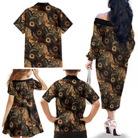 Batik Pedalaman Semen Lereng Style Family Matching Off The Shoulder Long Sleeve Dress and Hawaiian Shirt Indonesian Traditional Pattern LT01 Mom's Dress Black - Polynesian Pride