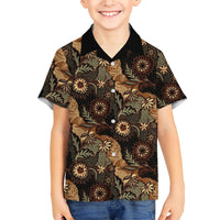 Batik Pedalaman Semen Lereng Style Family Matching Off Shoulder Short Dress and Hawaiian Shirt Indonesian Traditional Pattern LT01 Son's Shirt Black - Polynesian Pride