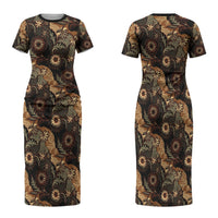 Batik Pedalaman Semen Lereng Style Family Matching Short Sleeve Bodycon Dress and Hawaiian Shirt Indonesian Traditional Pattern LT01 Mom's Dress Black - Polynesian Pride