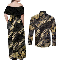 Gold Tropical Leaves Hawaii Mikioi Lei Couples Matching Off Shoulder Maxi Dress and Long Sleeve Button Shirt Luxury Stylized - Polynesian Pride