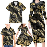 Gold Tropical Leaves Hawaii Mikioi Lei Family Matching Long Sleeve Bodycon Dress and Hawaiian Shirt Luxury Stylized - Polynesian Pride