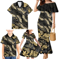 Gold Tropical Leaves Hawaii Mikioi Lei Family Matching Mermaid Dress and Hawaiian Shirt Luxury Stylized - Polynesian Pride