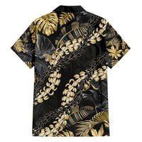 Gold Tropical Leaves Hawaii Mikioi Lei Family Matching Off The Shoulder Long Sleeve Dress and Hawaiian Shirt Luxury Stylized LT01 - Polynesian Pride