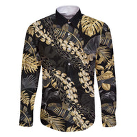 Gold Tropical Leaves Hawaii Mikioi Lei Family Matching Off Shoulder Short Dress and Hawaiian Shirt Luxury Stylized - Polynesian Pride