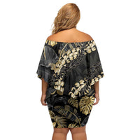 Gold Tropical Leaves Hawaii Mikioi Lei Family Matching Off Shoulder Short Dress and Hawaiian Shirt Luxury Stylized - Polynesian Pride