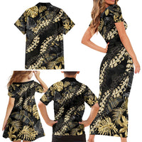 Gold Tropical Leaves Hawaii Mikioi Lei Family Matching Short Sleeve Bodycon Dress and Hawaiian Shirt Luxury Stylized - Polynesian Pride