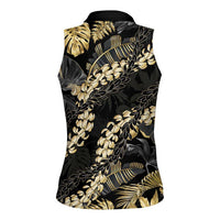 Gold Tropical Leaves Hawaii Mikioi Lei Women Sleeveless Polo Shirt Luxury Stylized - Polynesian Pride