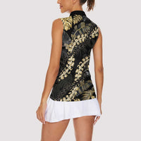 Gold Tropical Leaves Hawaii Mikioi Lei Women Sleeveless Polo Shirt Luxury Stylized - Polynesian Pride
