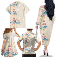 Beige Hawaii Lei Seashells Starfish Family Matching Off The Shoulder Long Sleeve Dress and Hawaiian Shirt Sandy Sylized LT01 - Polynesian Pride