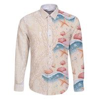 Beige Hawaii Lei Seashells Starfish Family Matching Off The Shoulder Long Sleeve Dress and Hawaiian Shirt Sandy Sylized LT01 Dad's Shirt - Long Sleeve Beige - Polynesian Pride