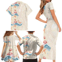 Beige Hawaii Lei Seashells Starfish Family Matching Short Sleeve Bodycon Dress and Hawaiian Shirt Sandy Sylized LT01 - Polynesian Pride