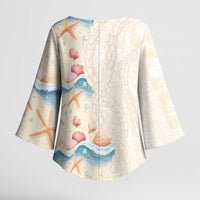 Beige Hawaii Lei Seashells Starfish Kimono Sleeve Blouse Sandy Sylized - Polynesian Pride